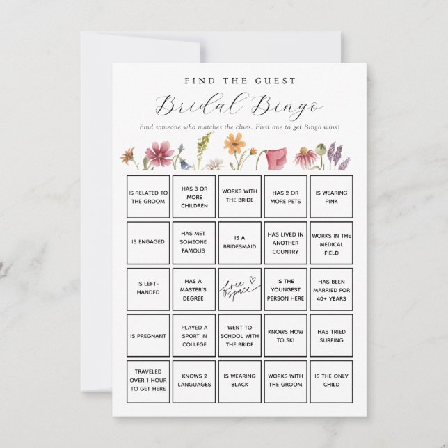 Wildblume Suchen Sie die Bridal Bingo Game Card Einladung (Vorderseite)
