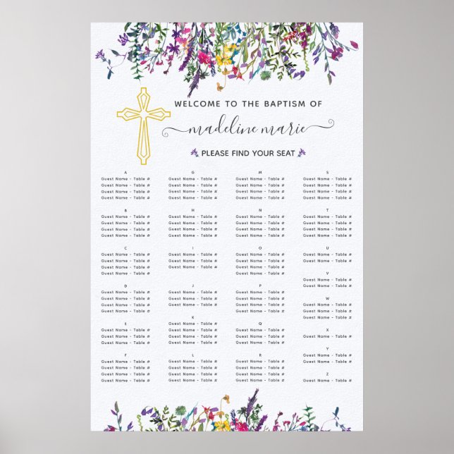 Wildblume Taufe Alphabetische Sitzkarte Poster (Vorne)