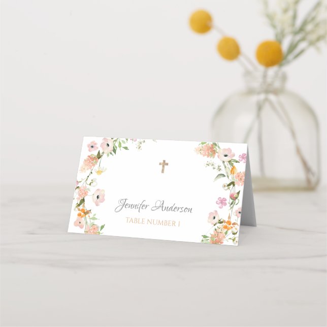 Wildblume Taufe Pink Gold Boho Girl Platzkarte (Vorderseite)