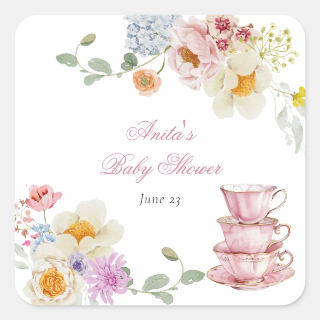Wildblume Tea Baby Dusche Quadratischer Aufkleber (Vorderseite)