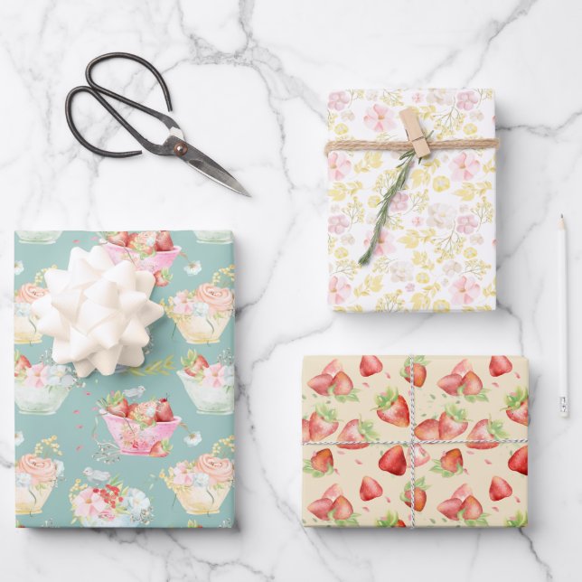 Wildblume Teacup Erdbeerfeld Kinderzimmer Geschenkpapier Set (Vorderseite)