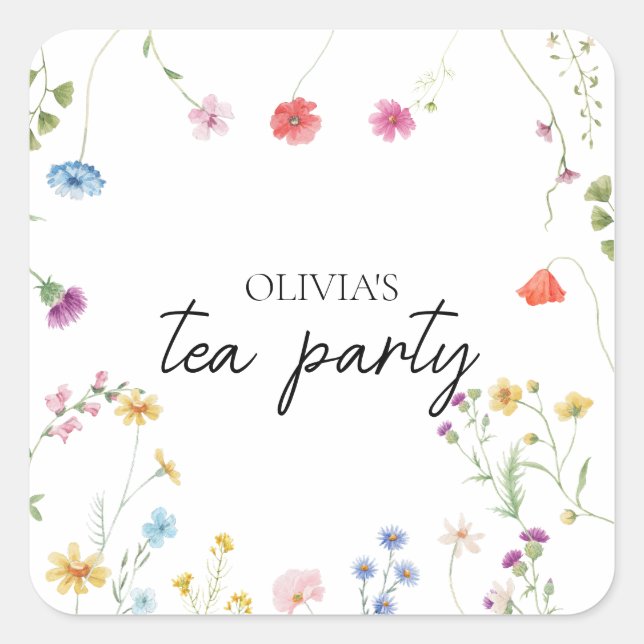 Wildblume Tee Party Brautparty Quadratischer Aufkleber (Vorderseite)