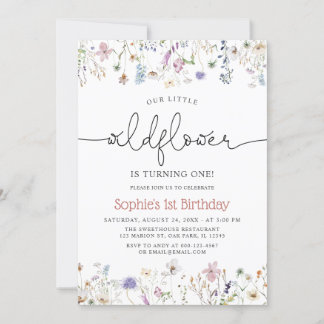 Wildblume Thema Baby Girl 1. Geburtstag Einladung