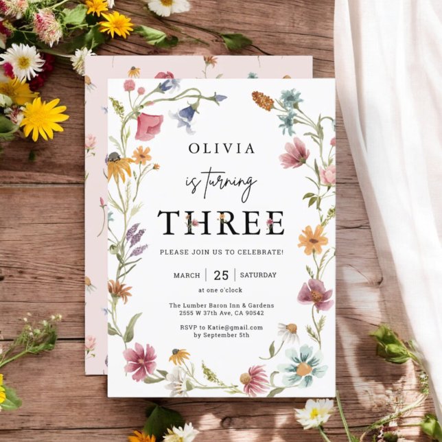 Wildblume Thema Mädchen 3. Geburtstag Einladung (Von Creator hochgeladen)