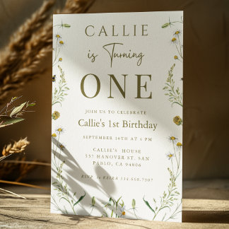 Wildblume Thema Sage Green Girl 1. Geburtstag Einladung