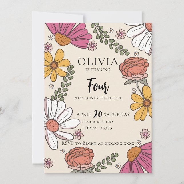 Wildblume Theme Girl Birthday Einladung (Vorderseite)