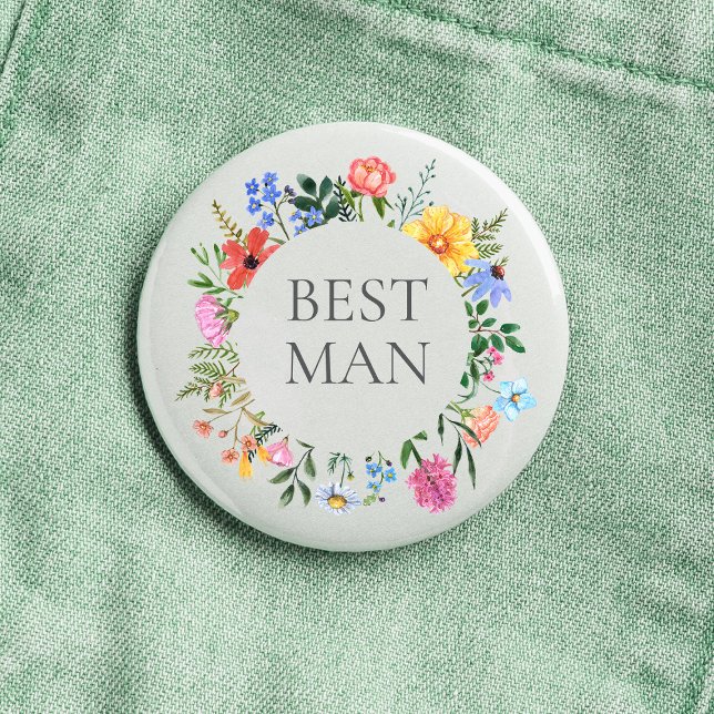 Wildblume Trauzeuge Hochzeit Button (Best Man Wildflower Watercolor Floral Wreath Wedding Button
)