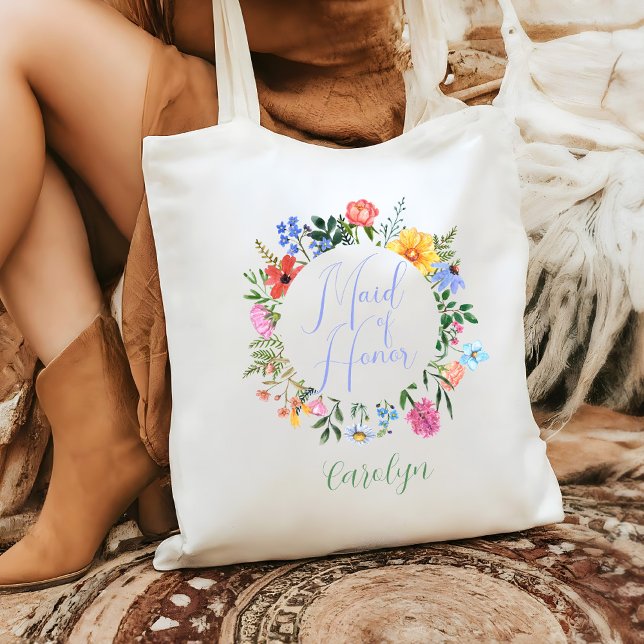 Wildblume Trauzeugin Skript Hochzeit Tragetasche (Maid of Honor Wildflower Tote Bag change the text colors to whatever color you like!)