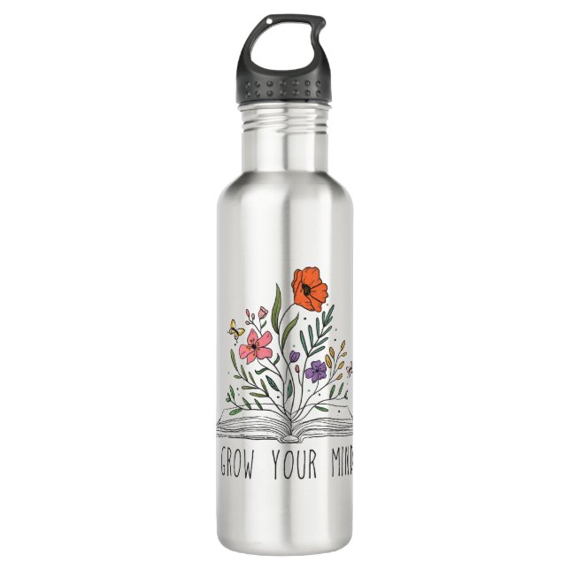 Wildblume und Buch: Dein Geist wachsen lassen Edelstahlflasche (Vorderseite)