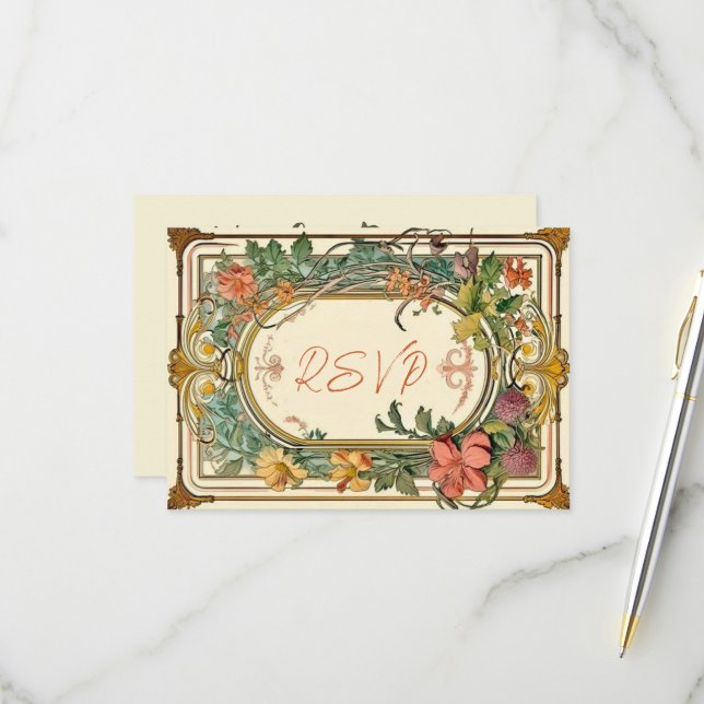 Wildblume Viktorianische Verzierte Grenzhochzeit RSVP Karte (Vorderseite/Rückseite Beispiel)
