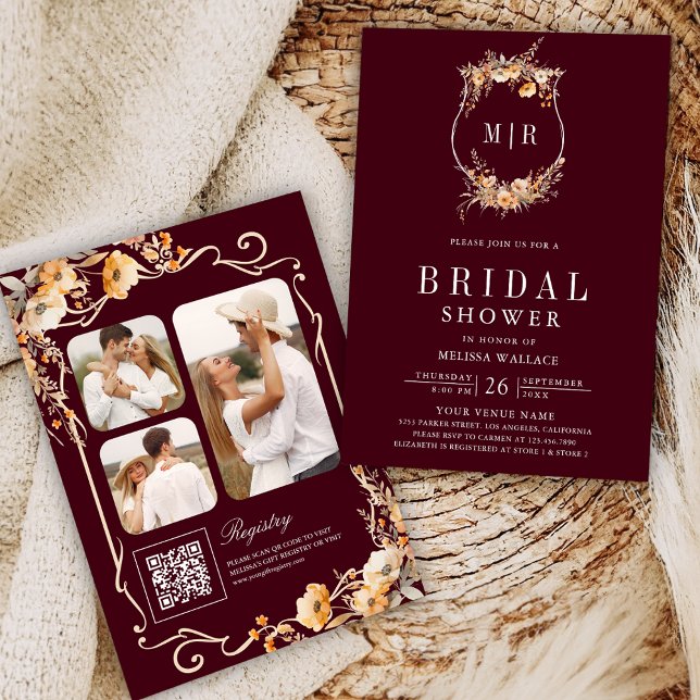 Wildblume Wappen QR Code Burgundy Brautparty Einladung (Von Creator hochgeladen)
