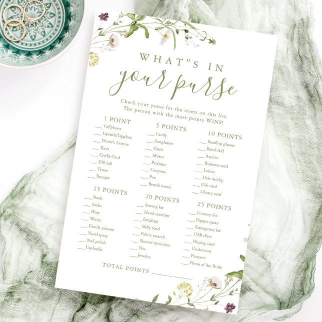 Wildblume, was in Ihrem Geldbeutel-Brautparty-Spie (Wildflower what's in your purse bridal shower game)