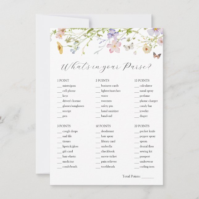 Wildblume Was ist in Ihrer Purse Bridal Game Card? Einladung (Vorderseite)