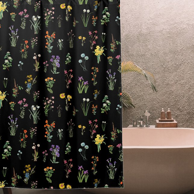 Wildblume Wasserfarbe Schwarzer Botanischer Flor Duschvorhang (Wildflower Watercolor Black Botanical Floral Shower Curtain)