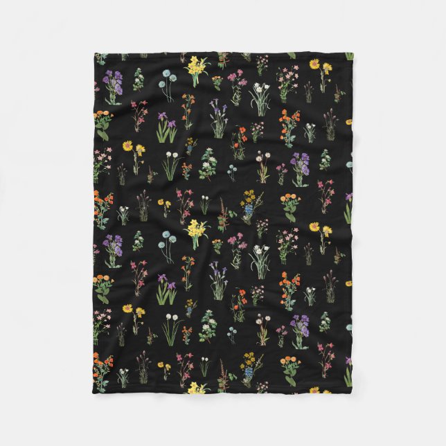 Wildblume Wasserfarbe Schwarzer Botanischer Flor Fleecedecke (Vorderseite)