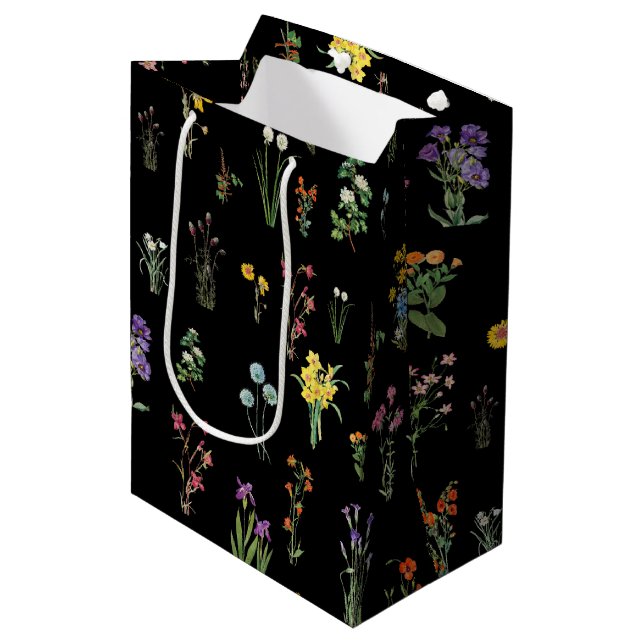 Wildblume Wasserfarbe Schwarzer Botanischer Flor Mittlere Geschenktüte (Vorderseite Schrägansicht)