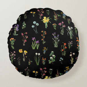 Wildblume Wasserfarbe Schwarzer Botanischer Flor Rundes Kissen