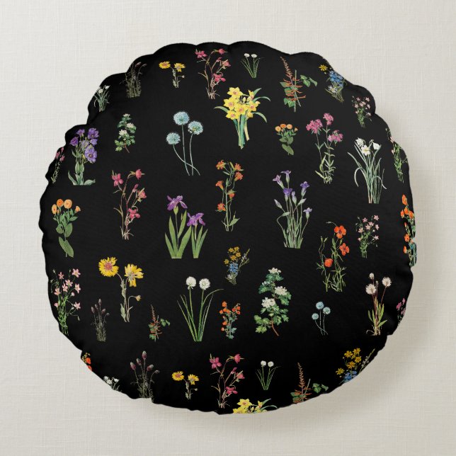 Wildblume Wasserfarbe Schwarzer Botanischer Flor Rundes Kissen (Vorderseite)