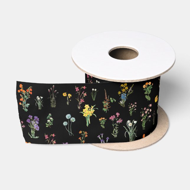 Wildblume Wasserfarbe Schwarzer Botanischer Flor Satinband (Spule)