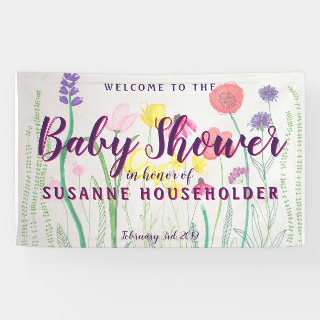 Wildblume Wasserfarben Babydusche Banner (Horizontal)