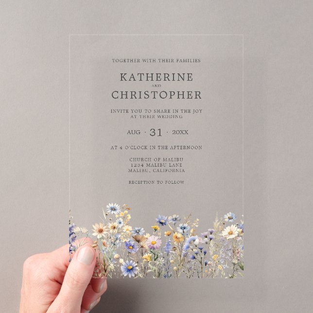 Wildblume Wasserfarben Elegant Dusty Blue Wedding Acryleinladungen (Insitu (Handheld))