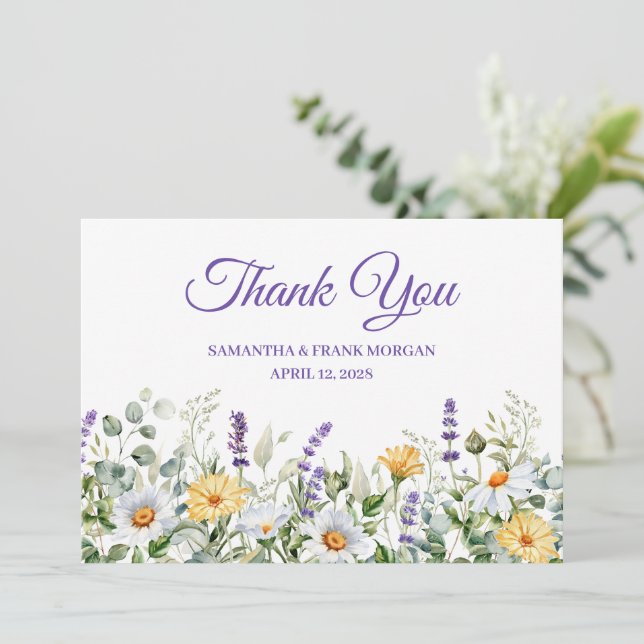 Wildblume Wasserfarben-Hochzeit Dankeskarte (Stehend Vorderseite)