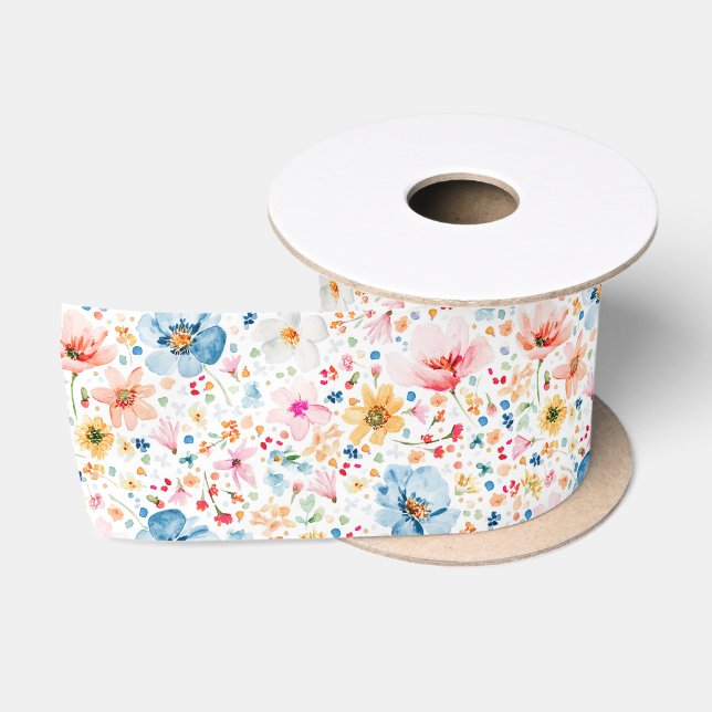 Wildblume Wasserfarben Muster Elegant Satinband (Spule)