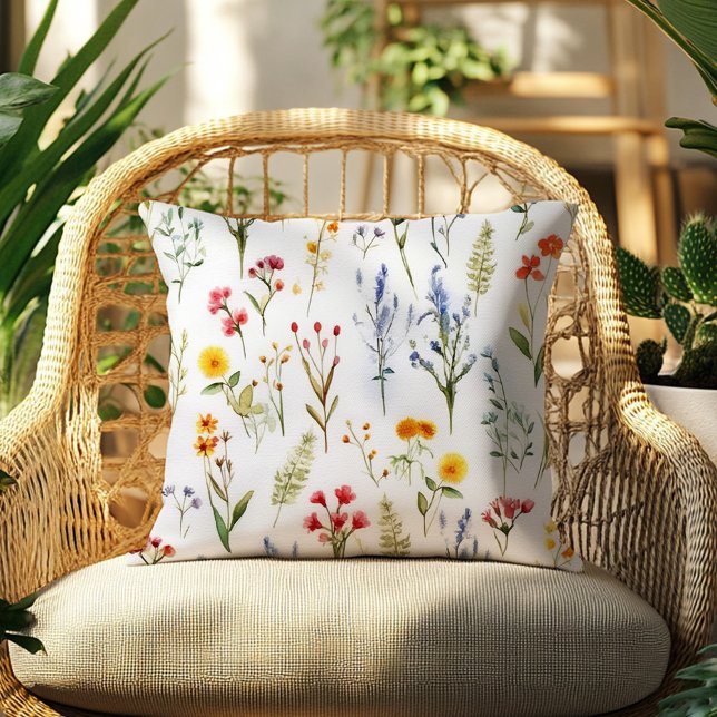 Wildblume Wasserfarben Sommer Blumenkolonie Botani Kissen (Wildflower Watercolor Summer Floral Botanical Throw Pillow)