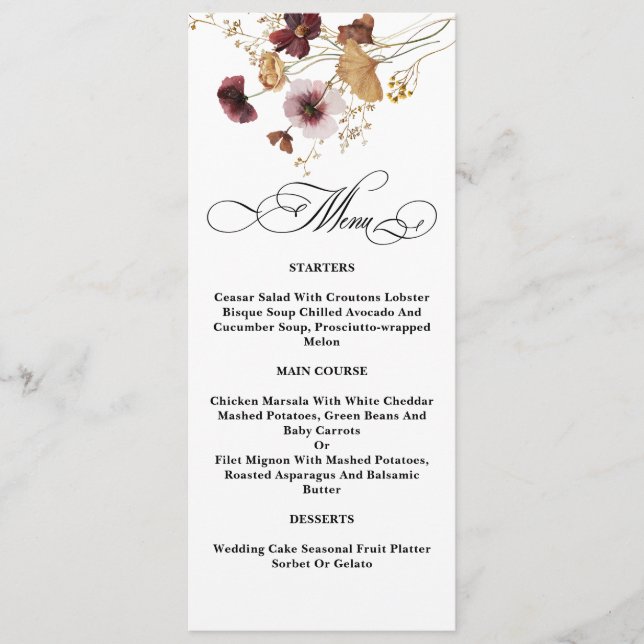 Wildblume Wasserfarbenflorale Hochzeit Menükarte (Vorderseite)