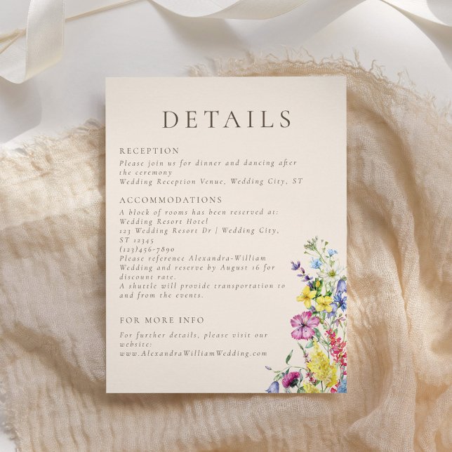 Wildblume Watercolor Floral Boho Hochzeitsdetails Begleitkarte (Von Creator hochgeladen)