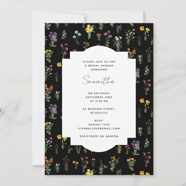 Wildblume Watercolor Schwarzes Brautparty Einladung (Vorderseite)