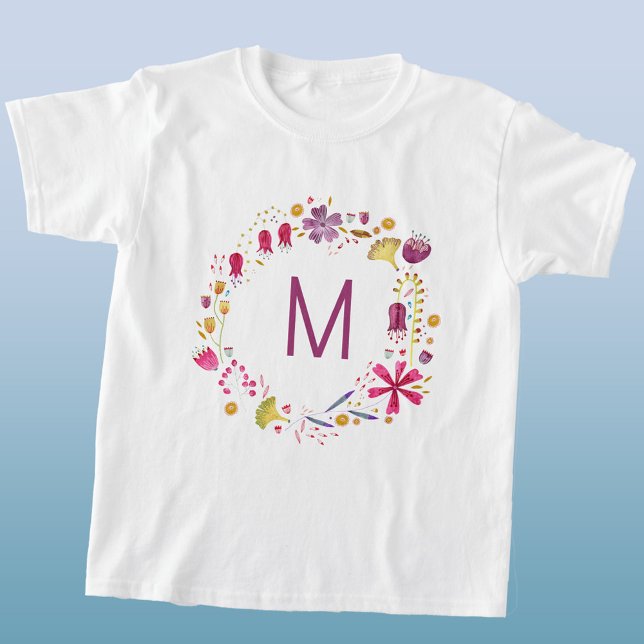 Wildblume Watercolor Wreath Monogramm T-Shirt (Monogram initial personalized watercolor botanical floral wreath t-shirt)