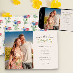 Wildblume Wedding Boho Country Floral Foto Save The Date<br><div class="desc">Wildblume Hochzeit speichern Sie das Datum mit benutzerdefinierten Foto und Aquarell wilde Blume. Dieses rustikale botanische Landbild hat eine farbenfrohe Trennwand aus Wildblumen und ein Muster aus dunklem Mohn und Maisblume auf der Rückseite. Eine elegante, moderne Blume mit mädchenhaftem böhmischen Gartenthema. Bitte stöbern Sie in meinem Shop in der Wildblume...</div>