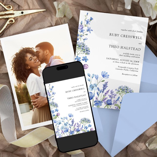 Wildblume Wedding Lilac Periwinkle Floral Foto Einladung (Photo Wedding Invitation from my Lilac + Periwinkle Wildflower Wedding Collection)