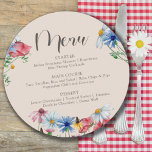 Wildblume Wedding Rustic Boho Wild Blume Runde Menükarte<br><div class="desc">Wildblume Menü für Ihre Hochzeit, Brautparty oder andere Veranstaltung. Dieses botanische Aquarell-Design hat eine hübsche Grenze von Wildblumen, einschließlich der daisy Mohnblütenschotter und Klee. Eine elegante, moderne Blüte mit bounziger Kalligraphie. Ideal für rustikale Landschaft, Landschaft oder Böhmen, Blumengarten etc. Bitte stöbern Sie in meinem Shop, Wildblume Charm Sammlung, für Einladungen...</div>