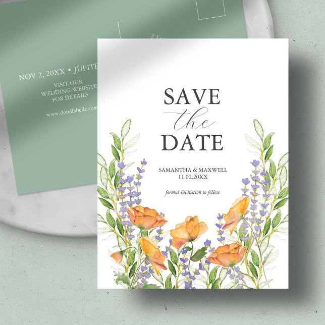 Wildblume Wedding Thema Save the Date Postkarte (Save the date postcard watercolor wildflower blooms by Victoria Grigaliunas of Do Tell A Belle)