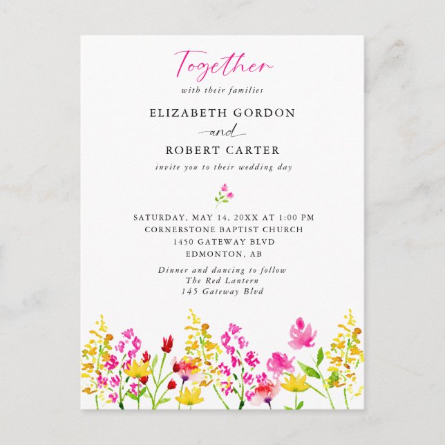 Wildblume Wedding Watercolor Elegantes Script Invi Postkarte (Vorderseite)