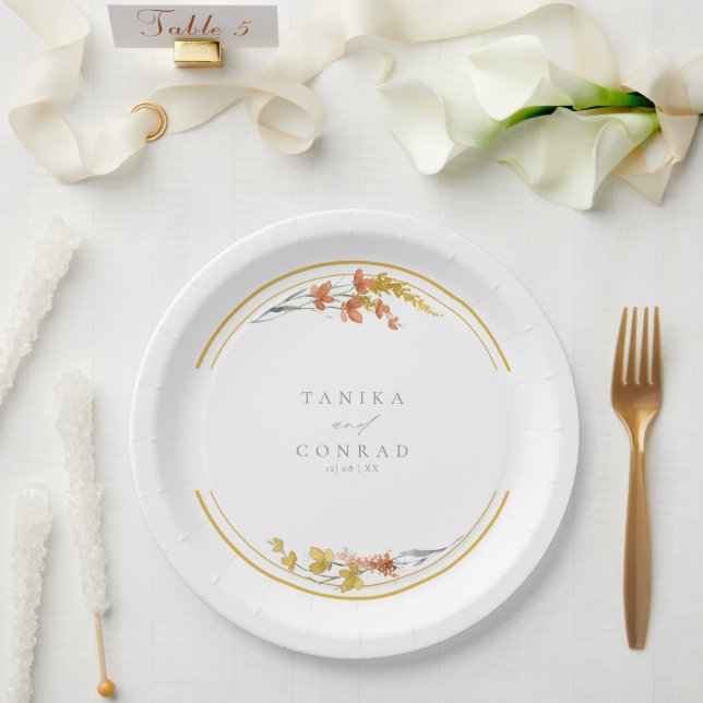 Wildblume Wedding Watercolor Initials Gold ID954 Pappteller (Hochzeit)