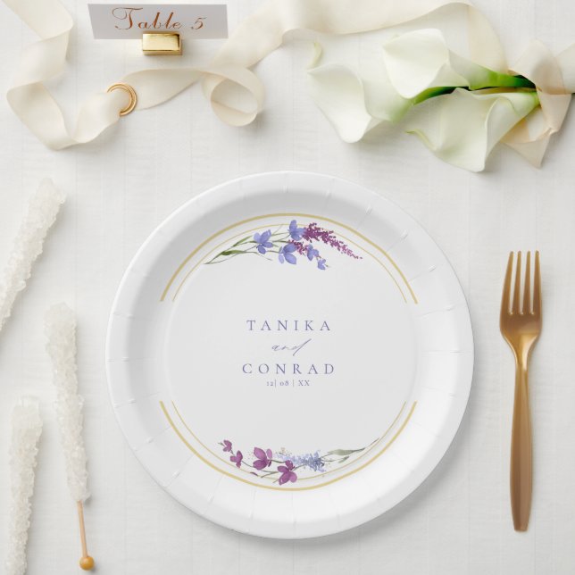 Wildblume Wedding Watercolor Initials Peri ID954 Pappteller (Hochzeit)