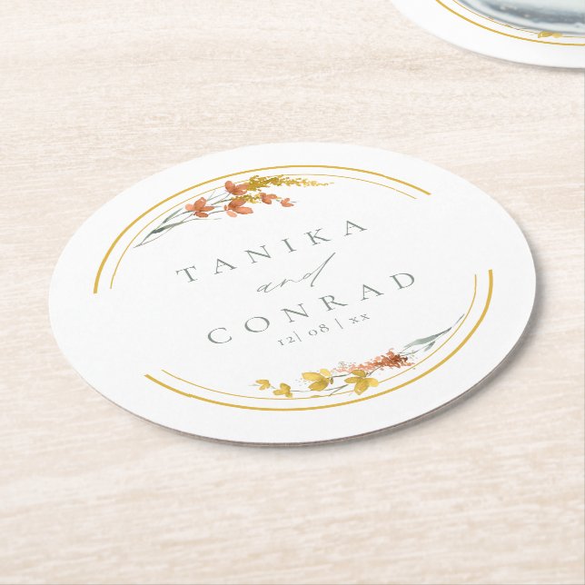 Wildblume Wedding Watercolor Names Gold ID954 Runder Pappuntersetzer (Angewinkelt)