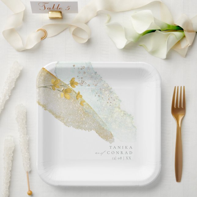 Wildblume Wedding Watercolor Paint Str Gold ID954 Pappteller (Hochzeit)