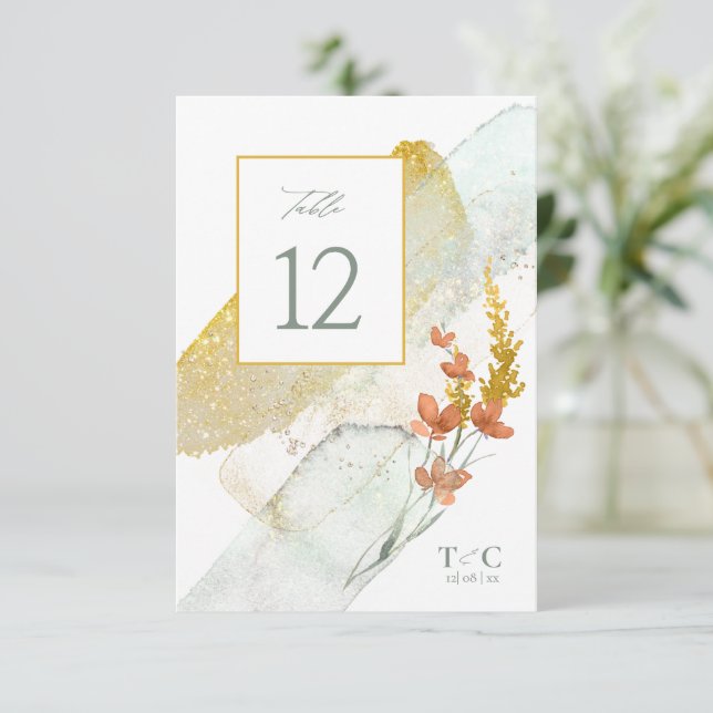 Wildblume Wedding Watercolor Table No. Gold ID95 Einladung (Stehend Vorderseite)