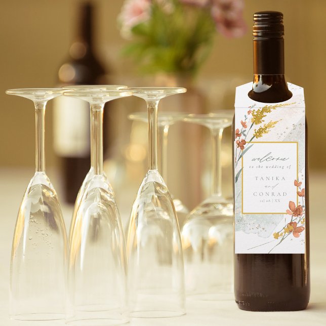 Wildblume Wedding Watercolor Welcome Gold ID954 Flaschenanhänger (Wine Bottle In Situ)