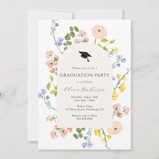 Wildblume Whimsical Floral Graduation Party Einladung (Vorderseite)