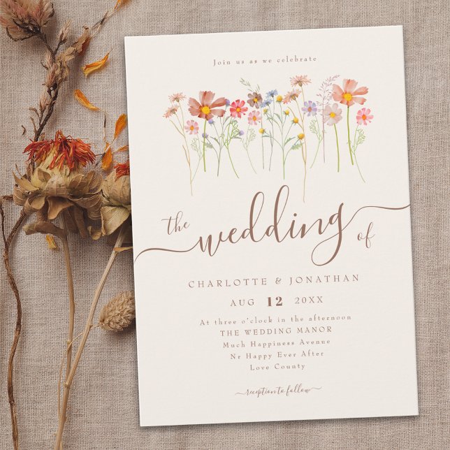 Wildblume Wiese Floral Beige Terracotta Einladung (Wildflower meadow watercolor floral elegant script wedding  invitation rustic boho fall colors)