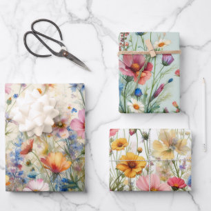 Wildblume Wiesenrosa, Rot, Gelb, Lila, Blau Geschenkpapier Set
