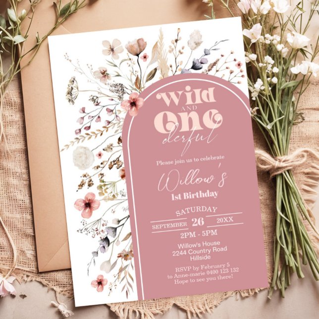 Wildblume Wild und einladend zum Geburtstag Einladung (Wildflower Wild and Onederful 1st Birthday Invitation - Girl 1st Birthday Invite)