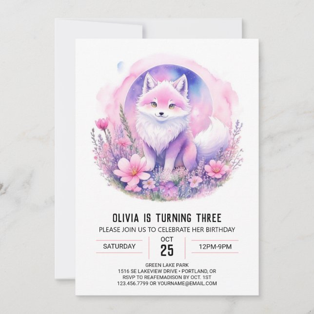 Wildblume Wolf Girl Birthday Einladung (Vorderseite)