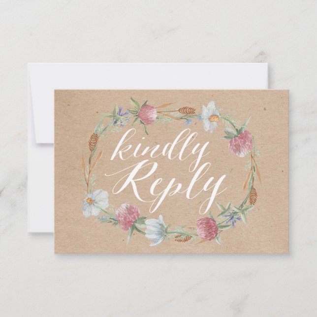 Wildblume Wraath auf Kraft Country Wedding UAWG RSVP Karte (Vorderseite)