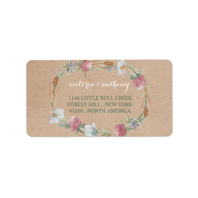 Wildblume Wraath on Kraft Country Wedding Adressaufkleber (Vorne)